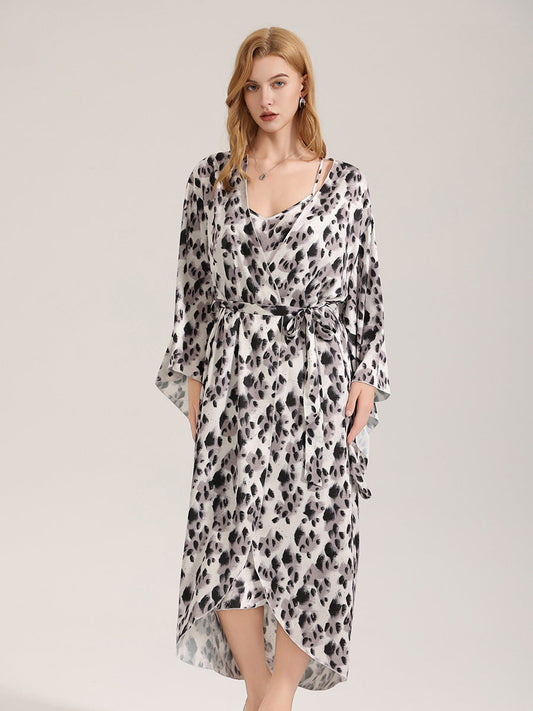 Leopard Print Satin Kimono Robe