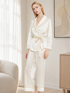 100% Mulberry Silk Wrap Belted Pajama Set Contrast Piping Trim