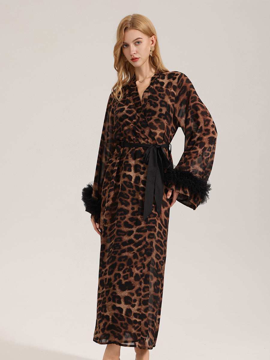 Leopard Print Satin Robe with Tulle Cuffs