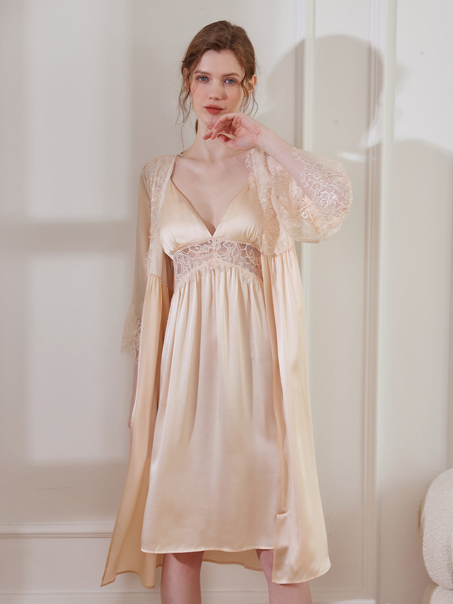 Floral Lace Mulberry Silk Robe and Slip Dress Set