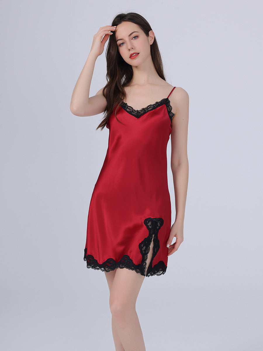 Lace Trim Mulberry Silk Slip Dress with Side Slit