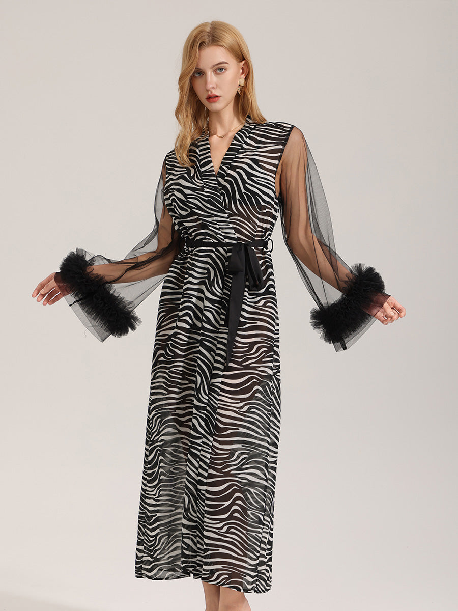 Zebra Print Satin Robe with Tulle Cuffs