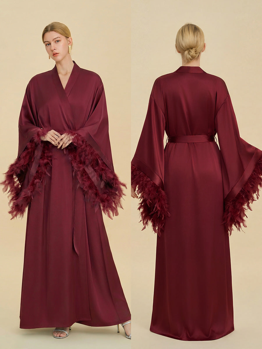 Burgundy Satin Maxi Robe with Oversized Feather Cuffs