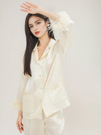 100% Mulberry Silk Ostrich Feather Trim Pajama Set