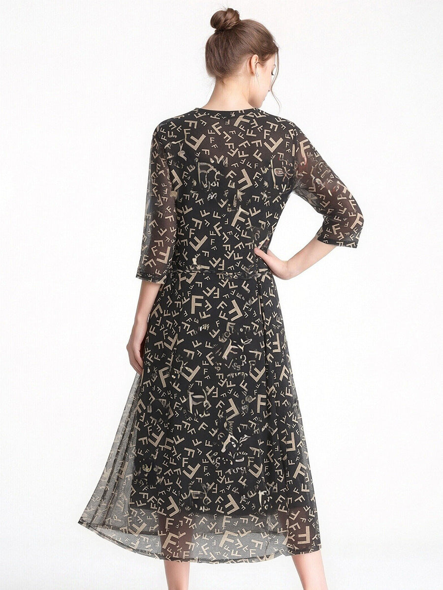 100% Pure Silk Mesh V-Neck Midi Dress