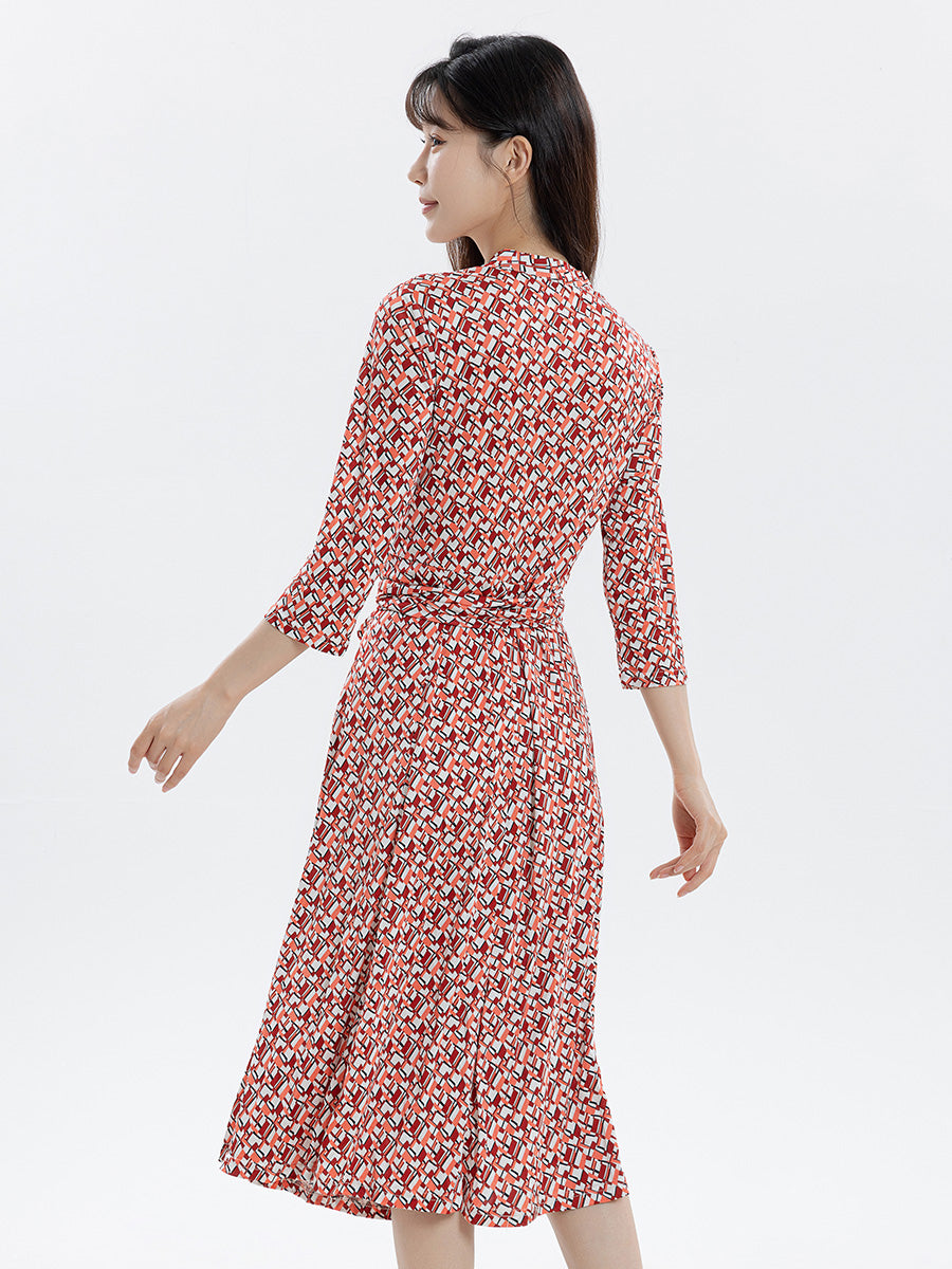 Geometric Print Tie Waist Silk Blend Midi Dress