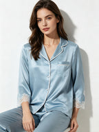 100% Mulberry Silk Lace Trim 3/4 Sleeve Pajama Set