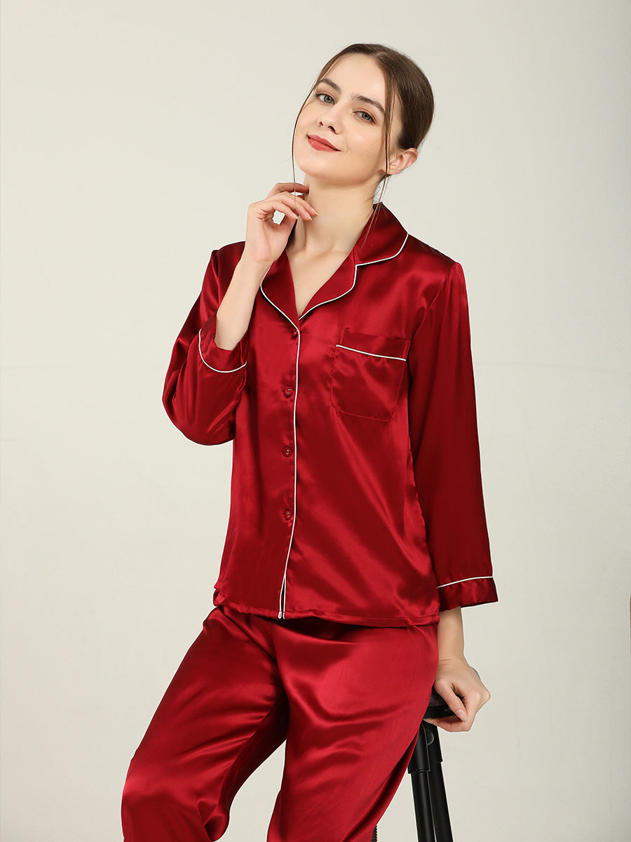 19 Momme Silk Long Sleeve Pajama Set with Contrast Piping