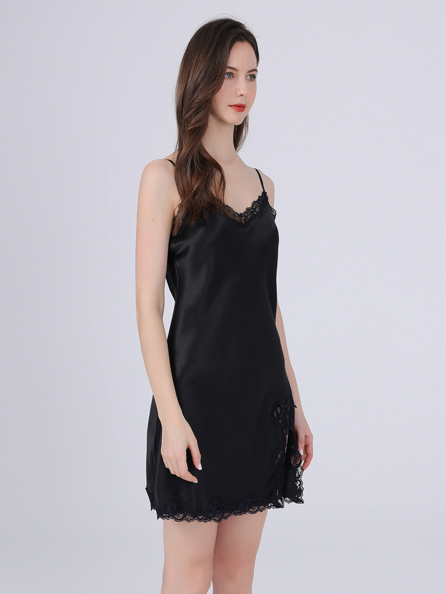 Lace Trim Mulberry Silk Slip Dress with Side Slit