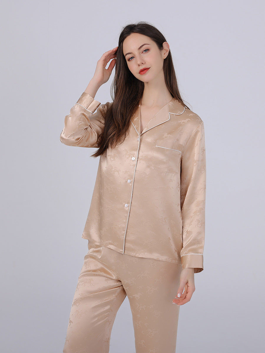 19 Momme Horse Jacquard Long Sleeve Silk Pajama Set