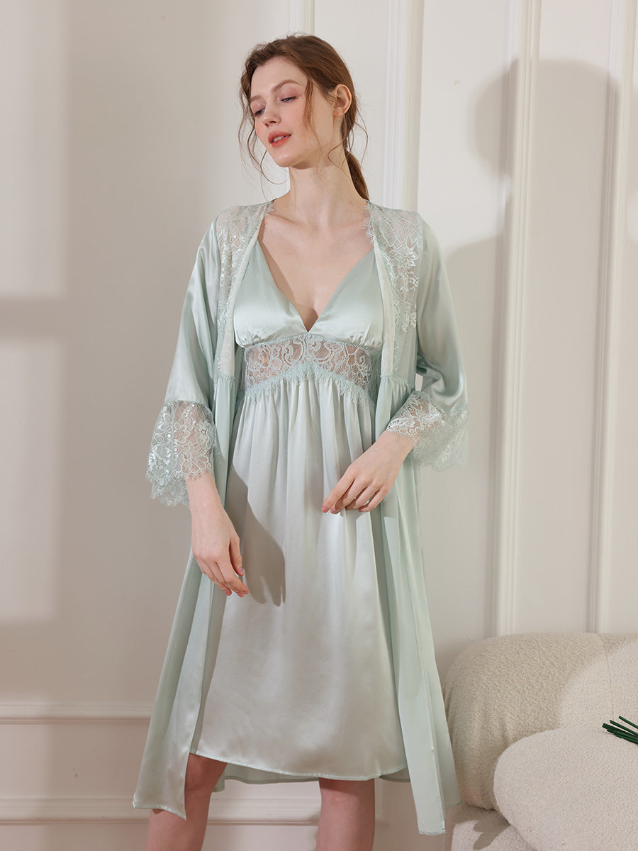 Floral Lace Mulberry Silk Robe and Slip Dress Set