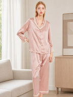 100% Mulberry Silk Lace Trim Notch Collar Pajama Set