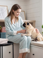 100% Mulberry Silk Contrast Collar Scalloped Trim Long Sleeve Pajama Set