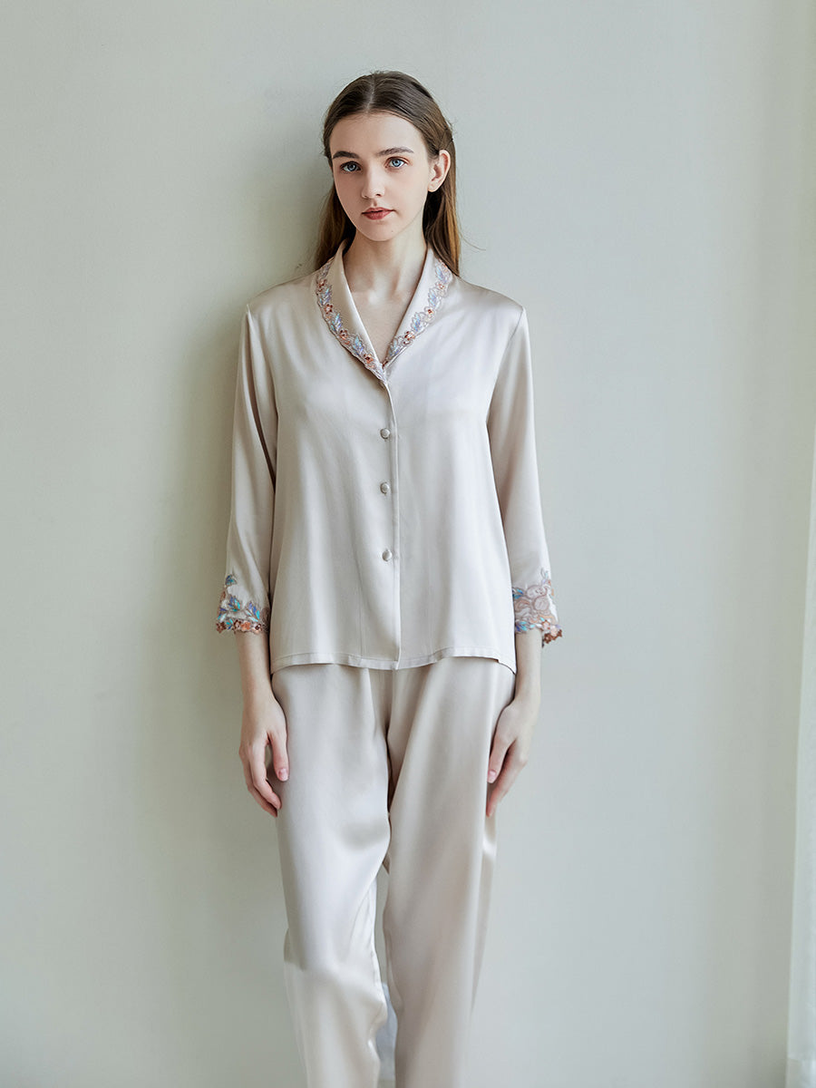 19 Momme Silk Pajama Set with Embroidered Lace Trim