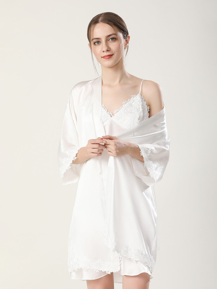 Rose Lace Mulberry Silk Robe and Slip Dress Set
