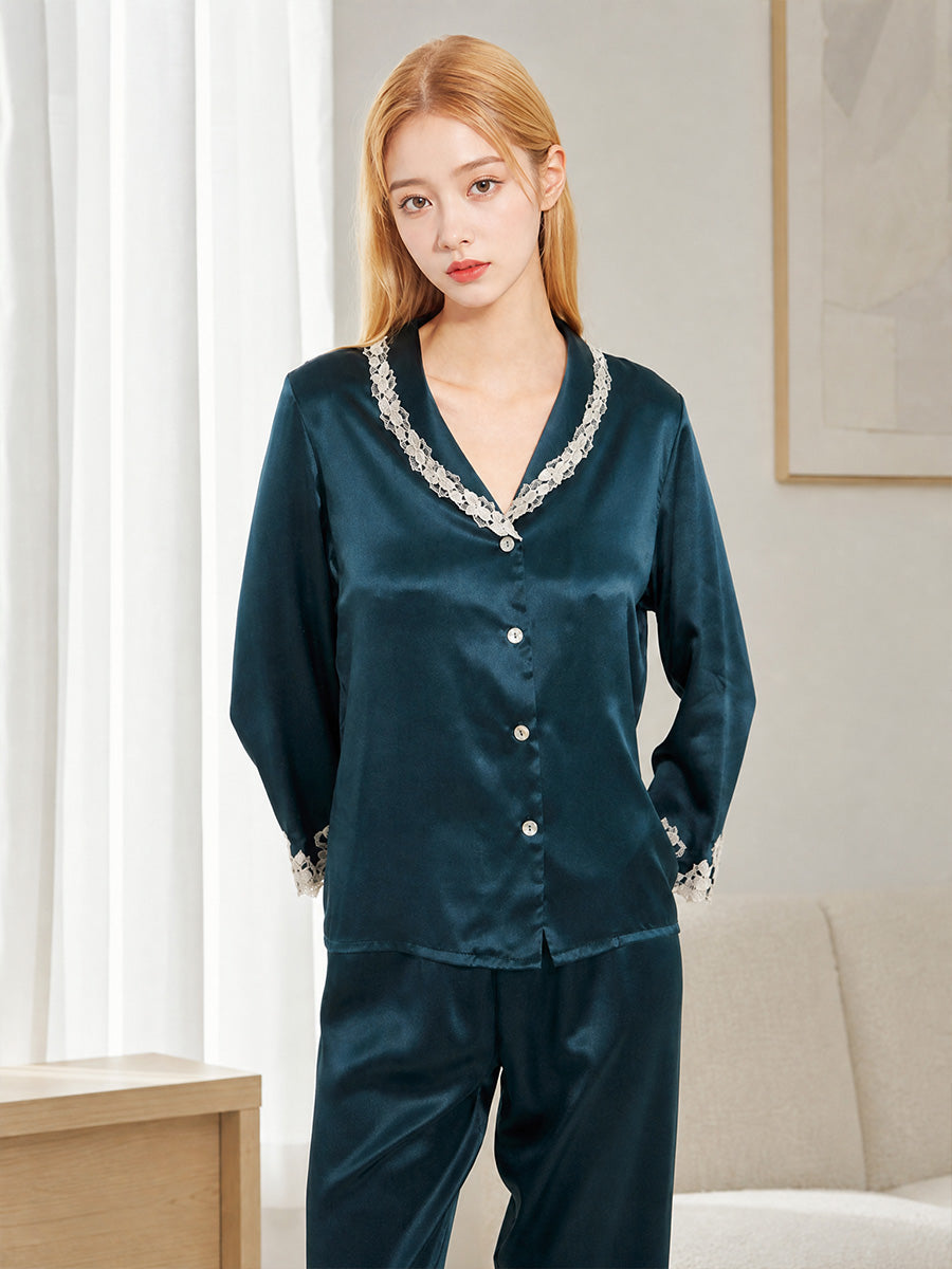 100% Mulberry Silk Lace Trim Notch Collar Pajama Set