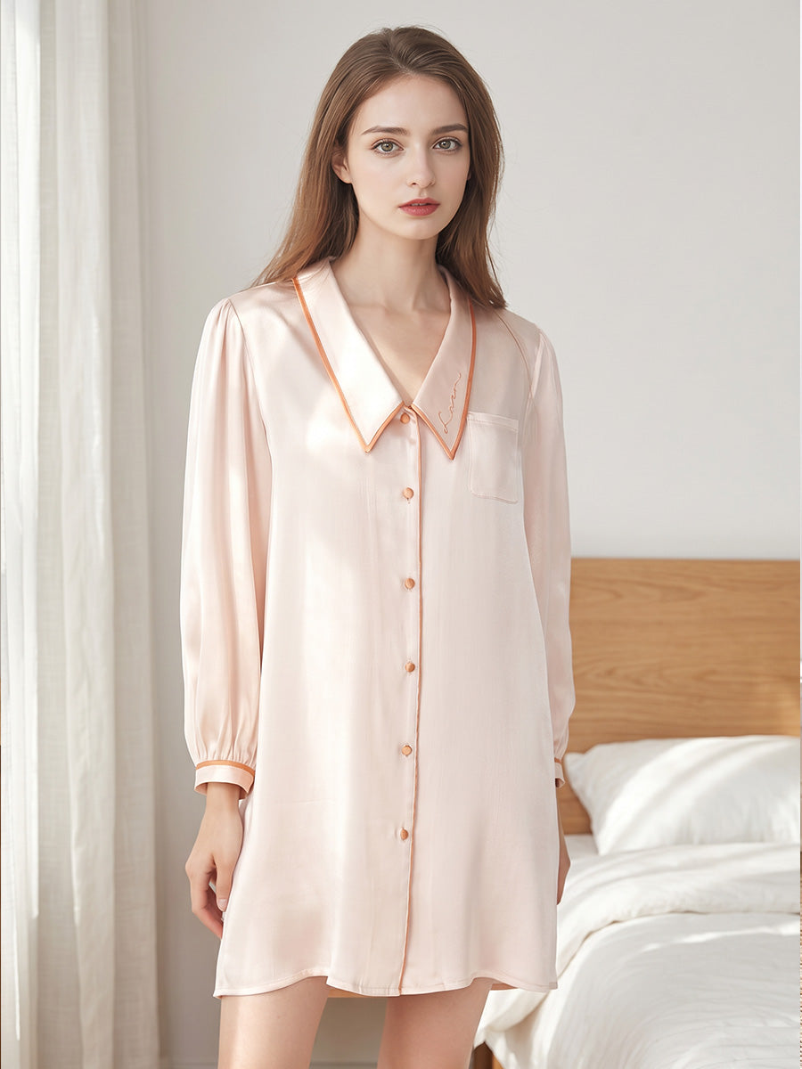 Notched Collar Button Front 100% Pure Silk Nightshirt