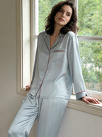 100% Mulberry Silk Contrast Red Piping Letter Embroidery Long Sleeve Pajama Set
