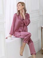 Long Sleeve Mulberry Silk Pajama Set with Contrast Piping