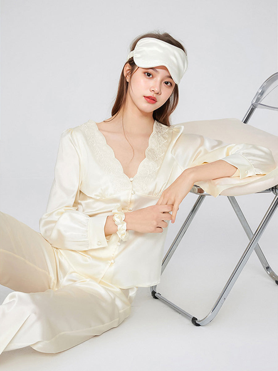 Scalloped Embroidered Bust Button Front Pure Silk Sleepwear Set