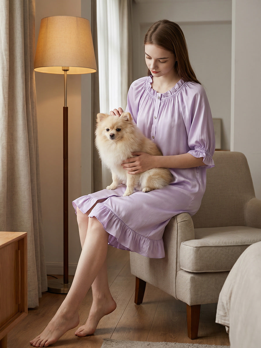 Puff Ruffle Cuff 3/4 Sleeve 100% Pure Silk Sleep Dress