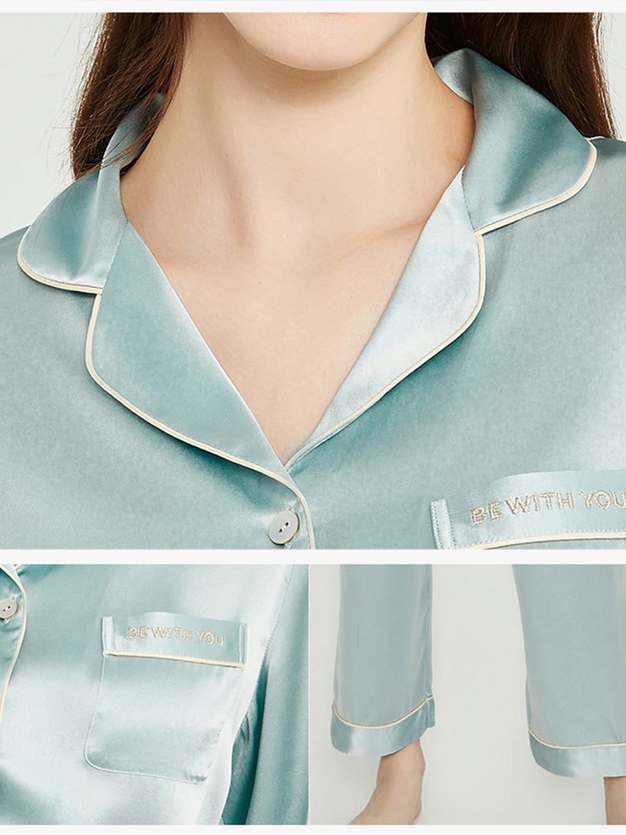 Contrast Piping Embroidery Long Sleeve Pajama Set
