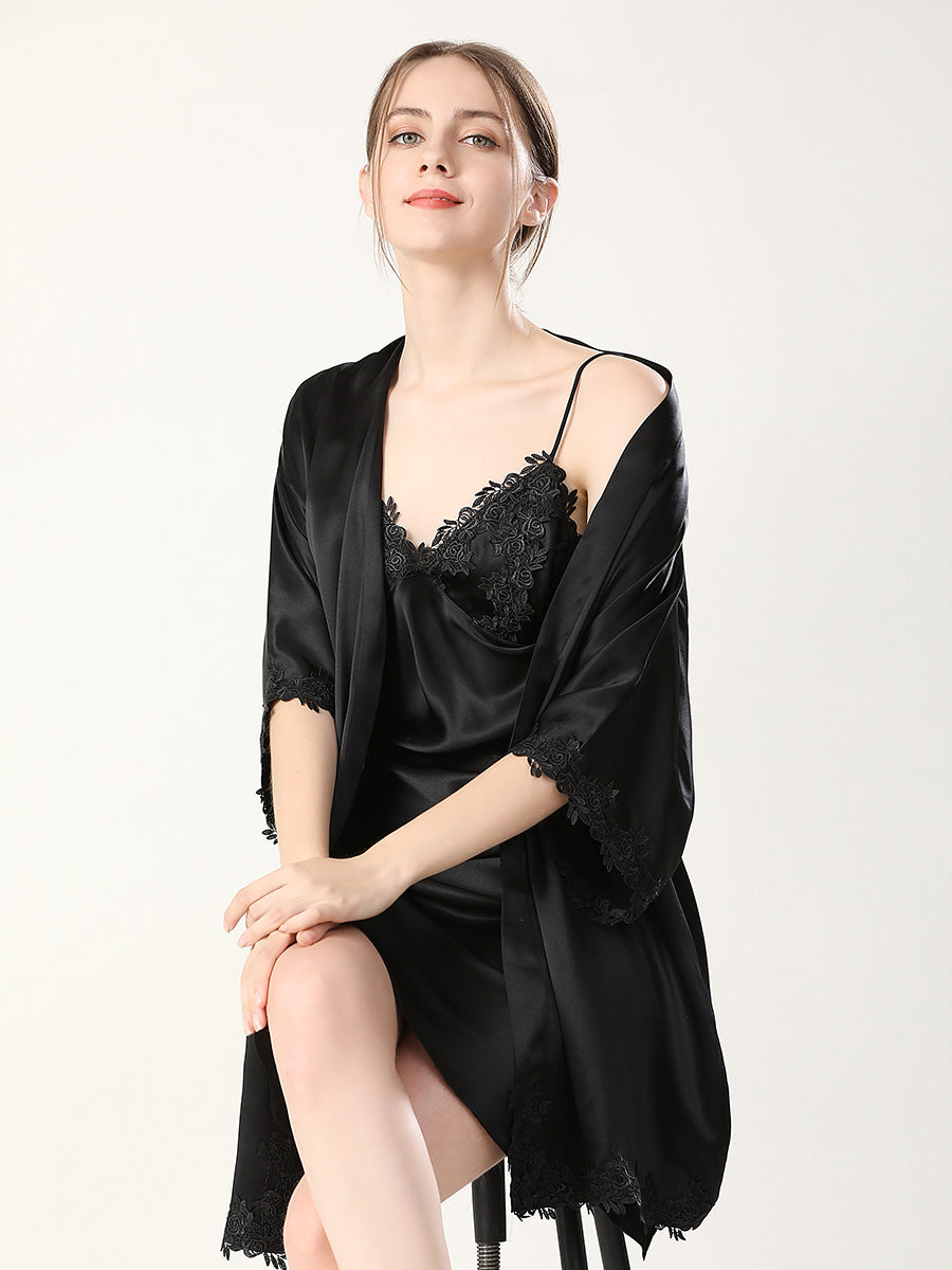 Rose Lace Mulberry Silk Robe and Slip Dress Set