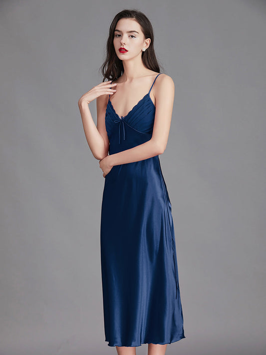 Navy Blue Satin Lace Trim Slip Dress