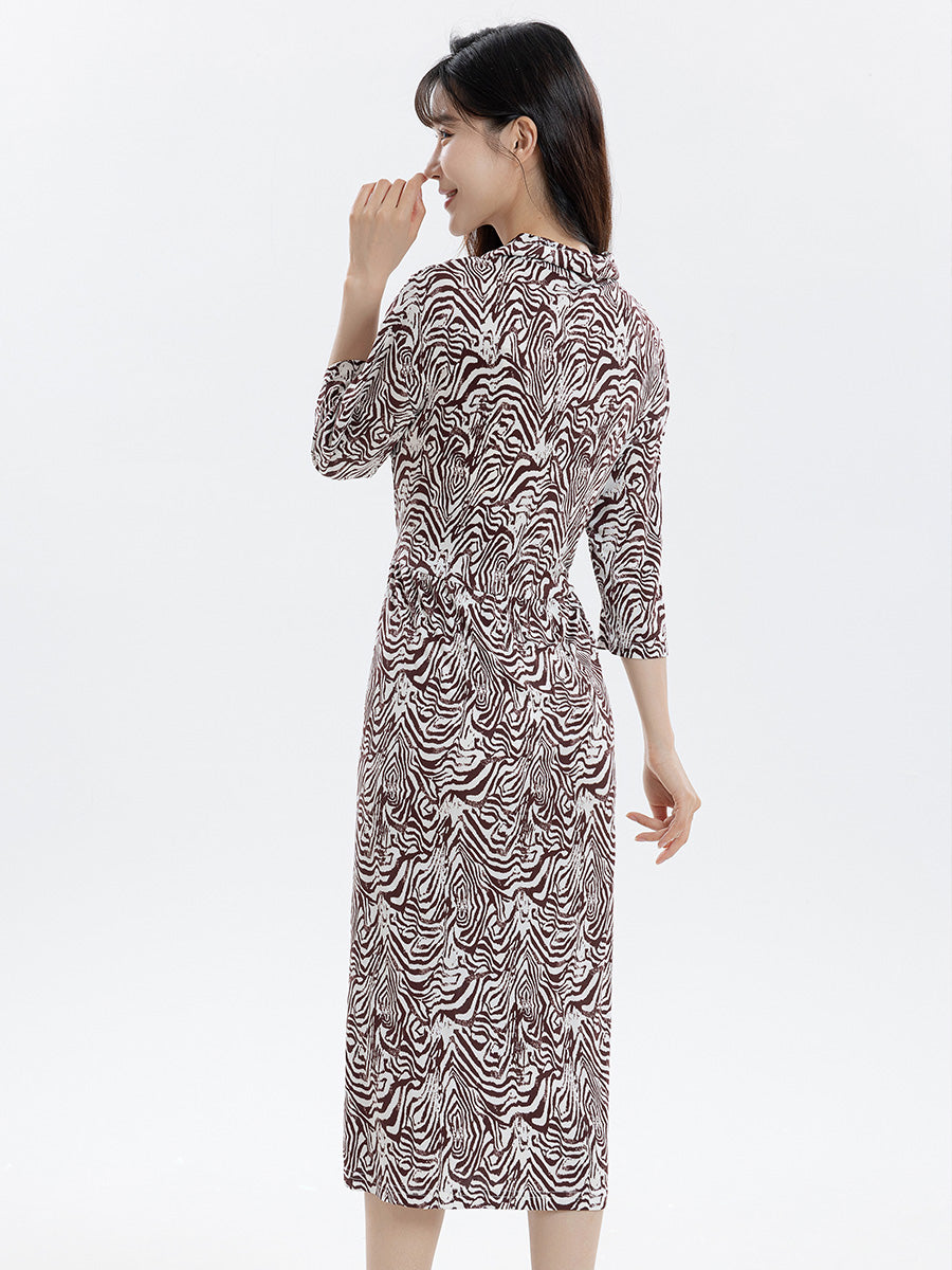 3/4 Sleeve Zebra Print Silk Blend Shirt Dress