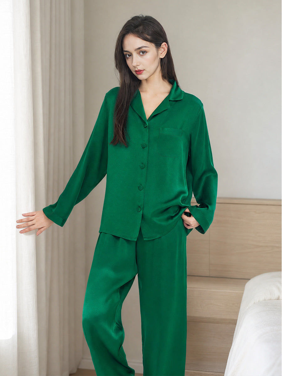 Classic Button Front Top & Long Pants Silk Sleepwear Set