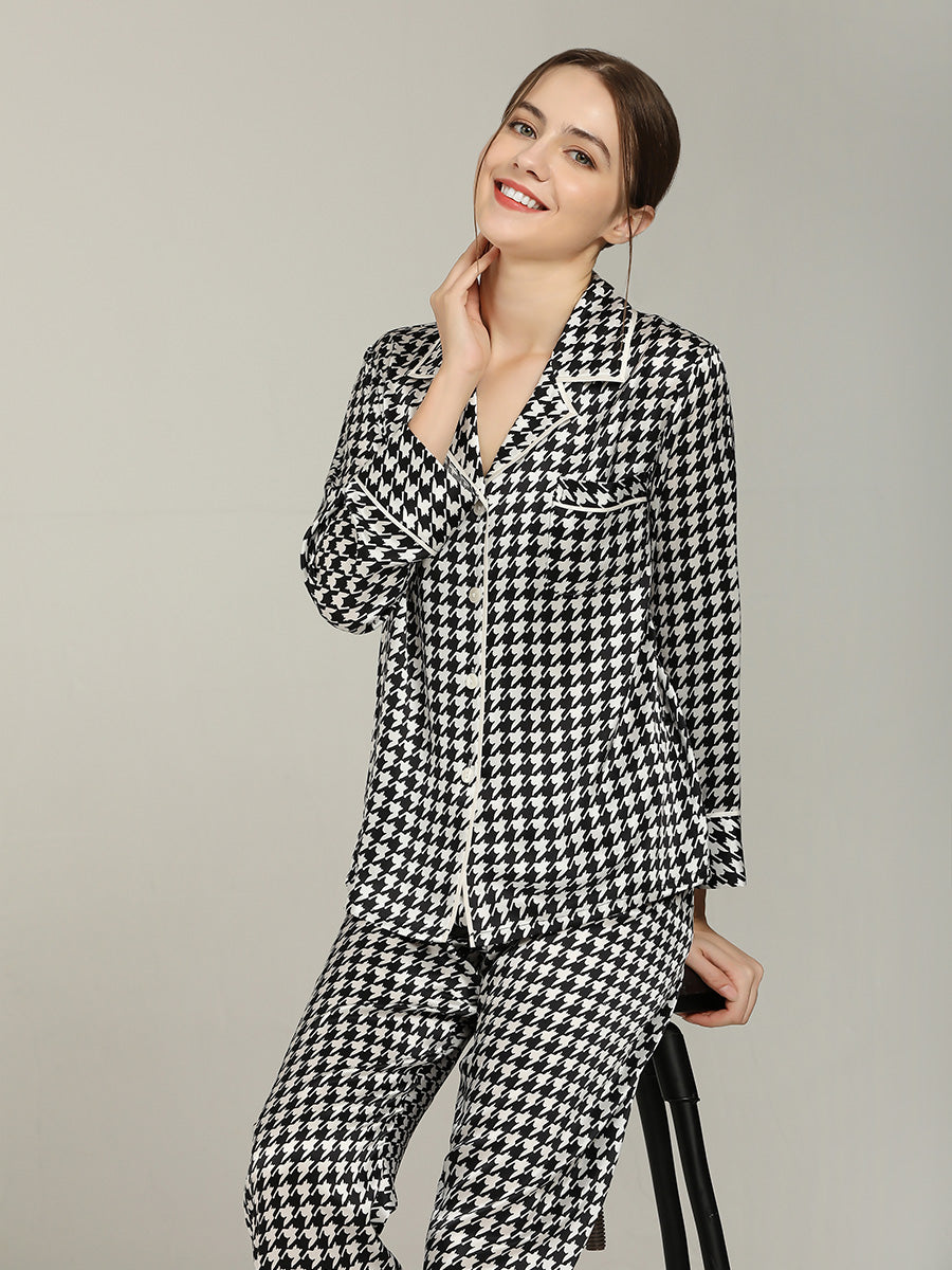 Long Sleeve Mulberry Silk Pajama Set with Houndstooth Print