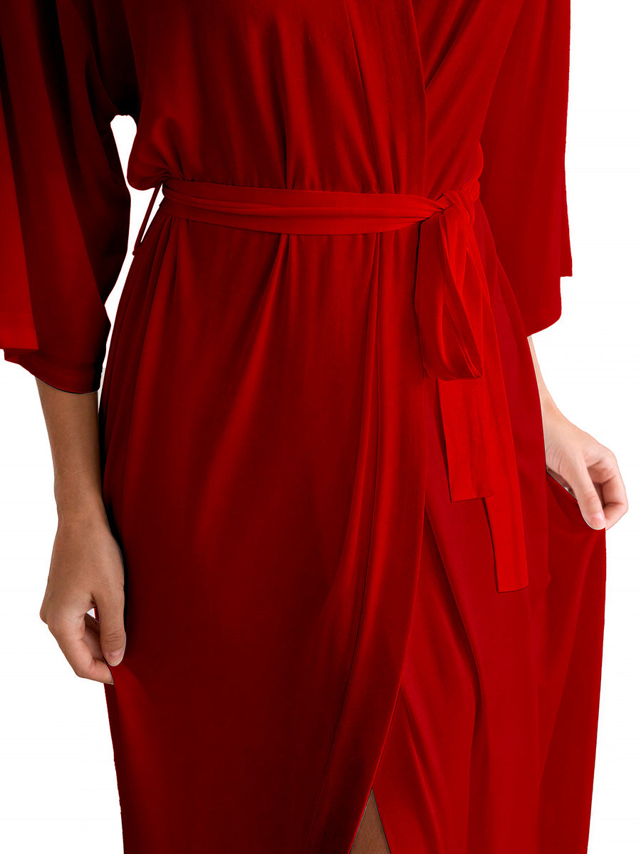 Red Ethnic Print Satin Kimono Robe