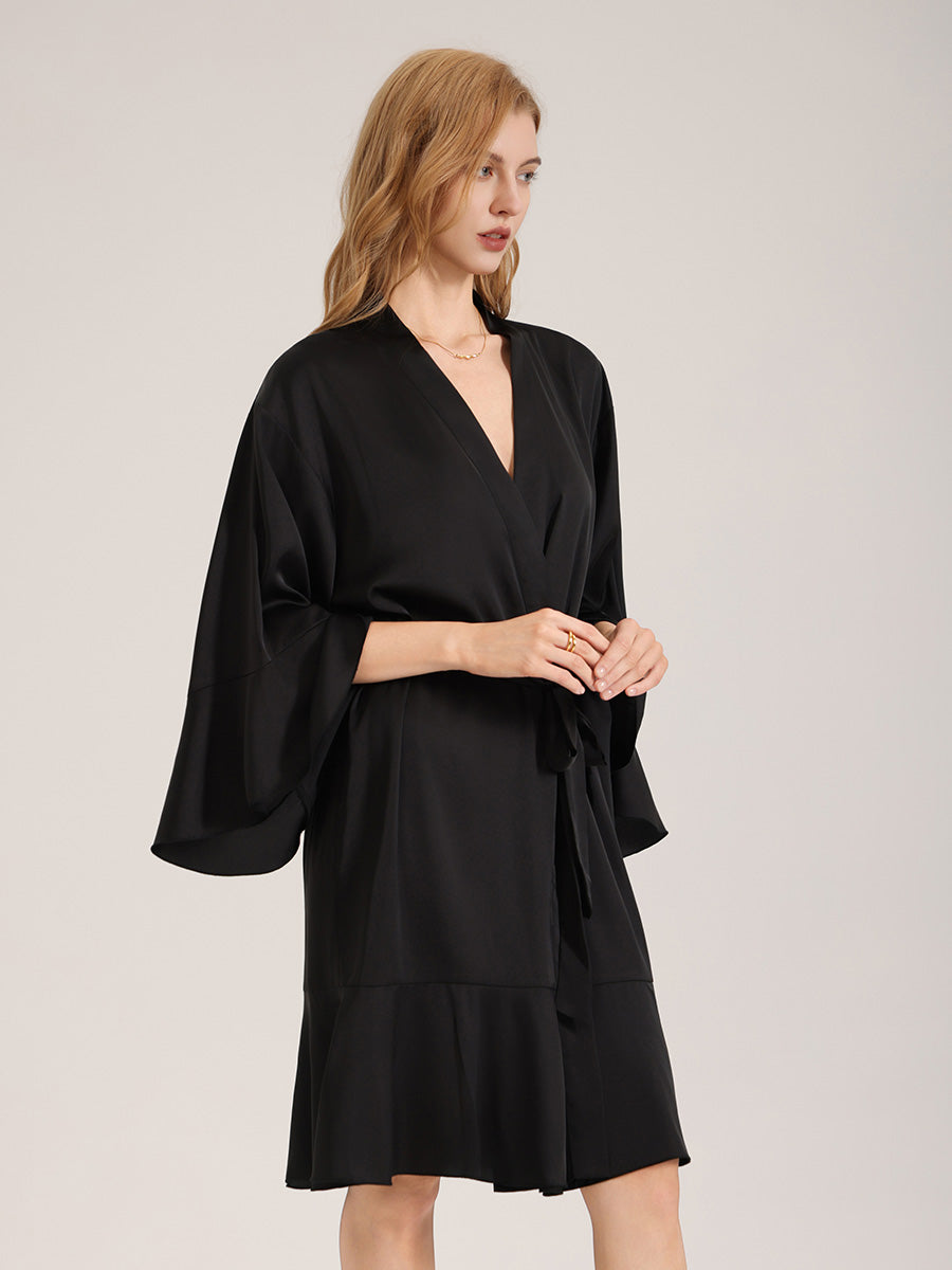 Black Satin Ruffle Hem Robe