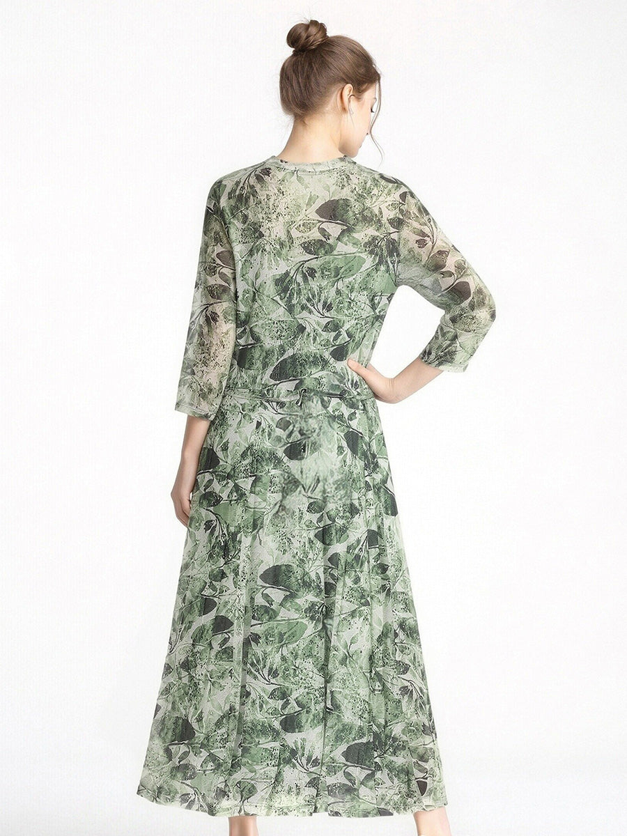 100% Pure Silk Mesh V-Neck Midi Dress