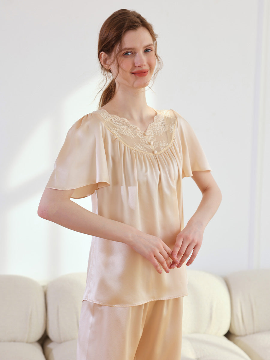 19 Momme Silk Pajama Set with Lace Yoke