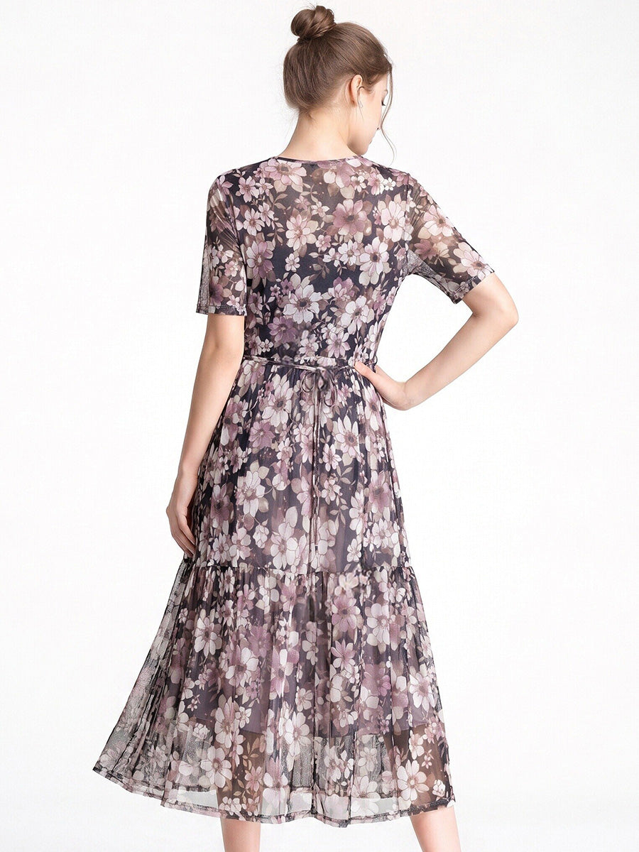 Short Sleeve Round Neck 100% Mulberry Silk Floral Dress