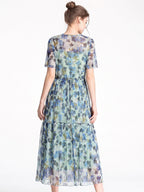 Short Sleeve Round Neck 100% Mulberry Silk Floral Dress