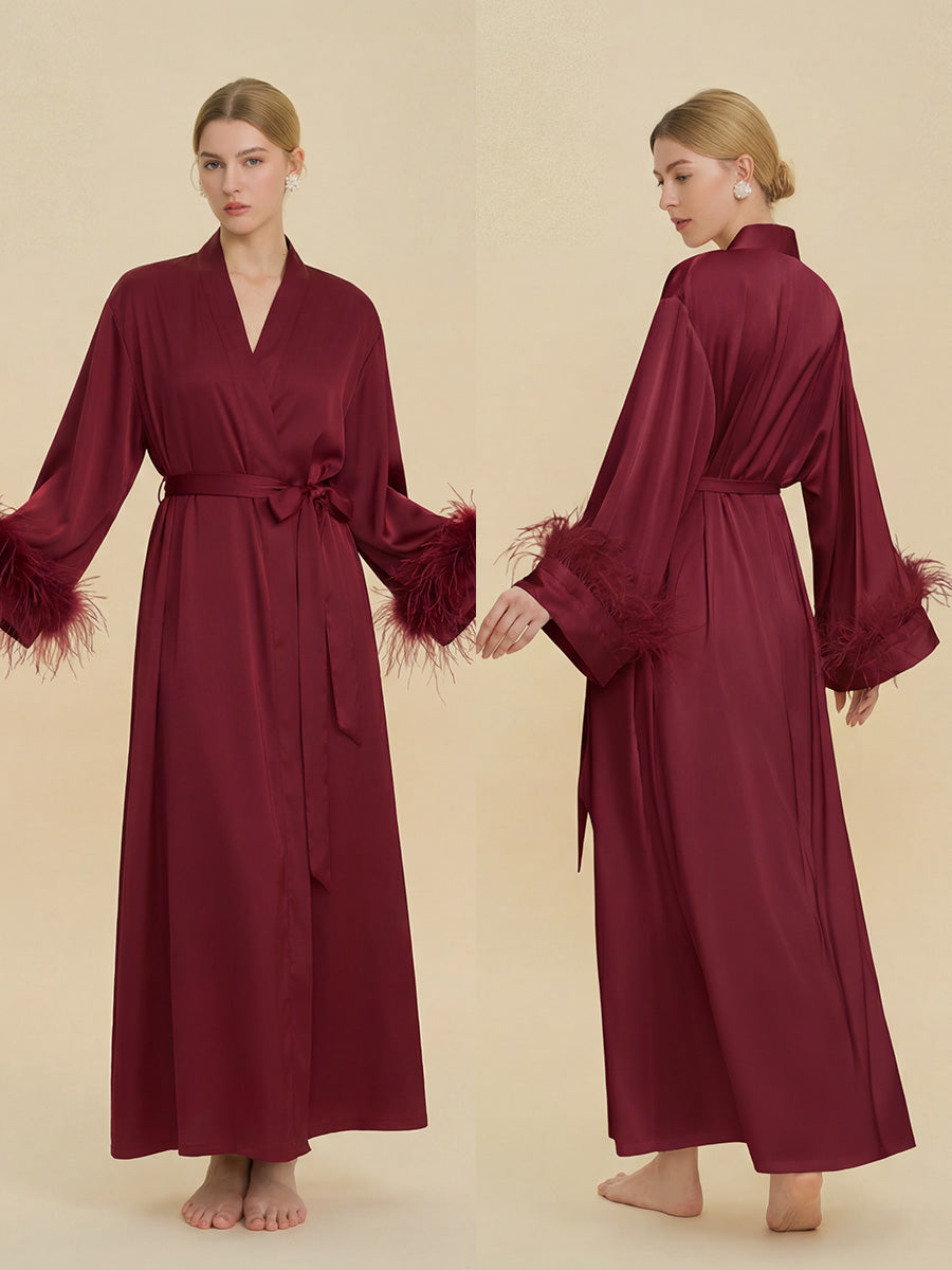Burgundy Satin Maxi Robe with Feather Cuffs