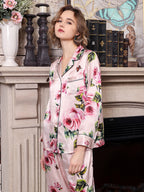 Long Sleeve Mulberry Silk Pajama Set with Rose and Butterfly Print
