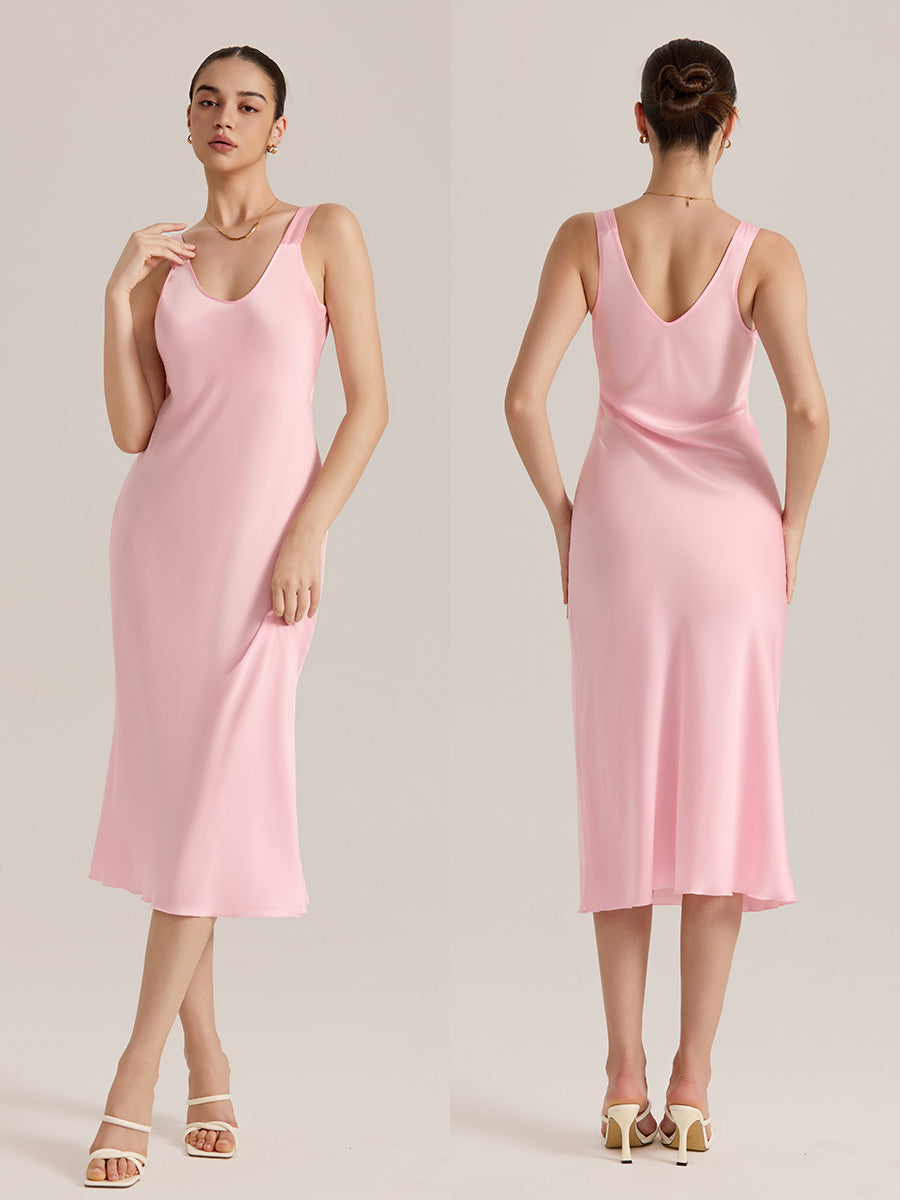 Satin Chiffon V-Neck Midi Slip Dress