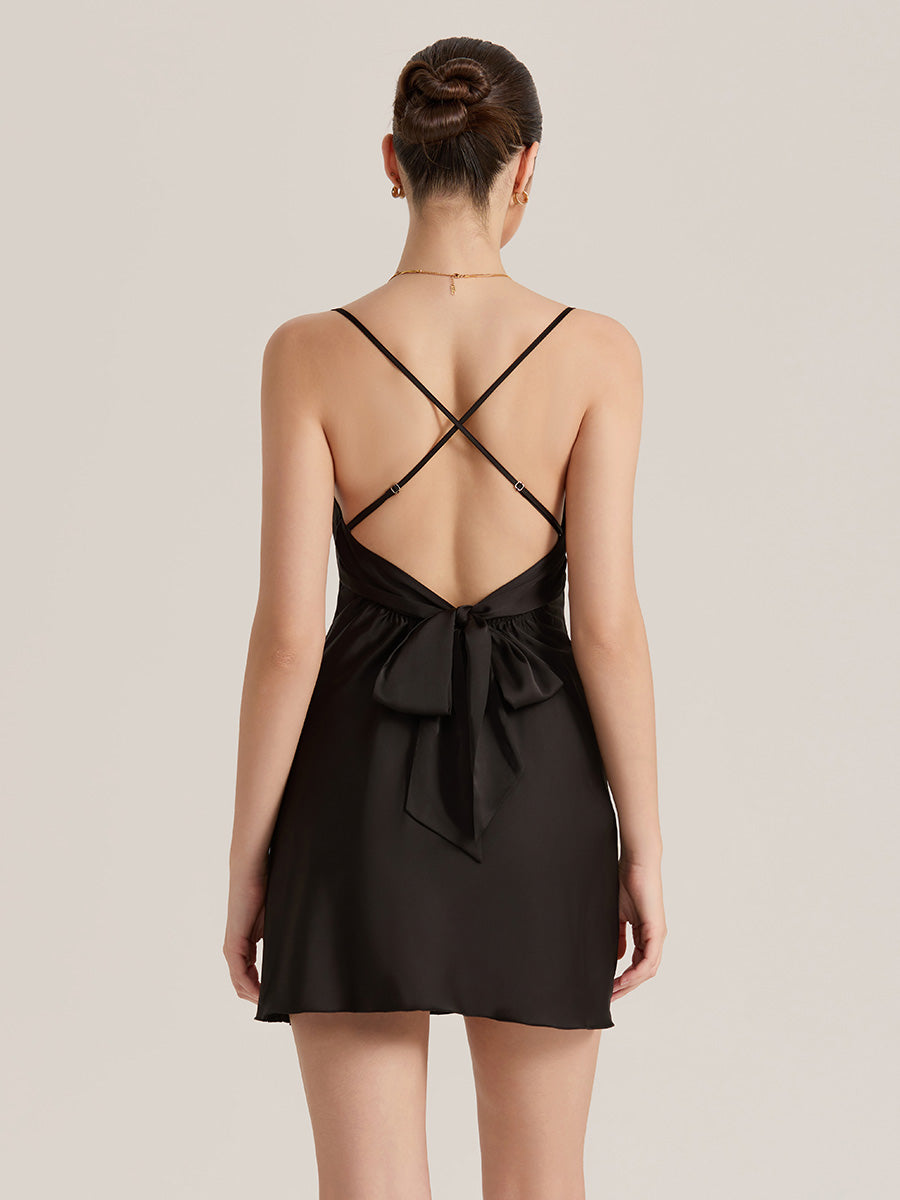 Black Cowl Neck Back Bow Satin Mini Slip Dress