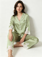 100% Mulberry Silk Lace Trim 3/4 Sleeve Pajama Set