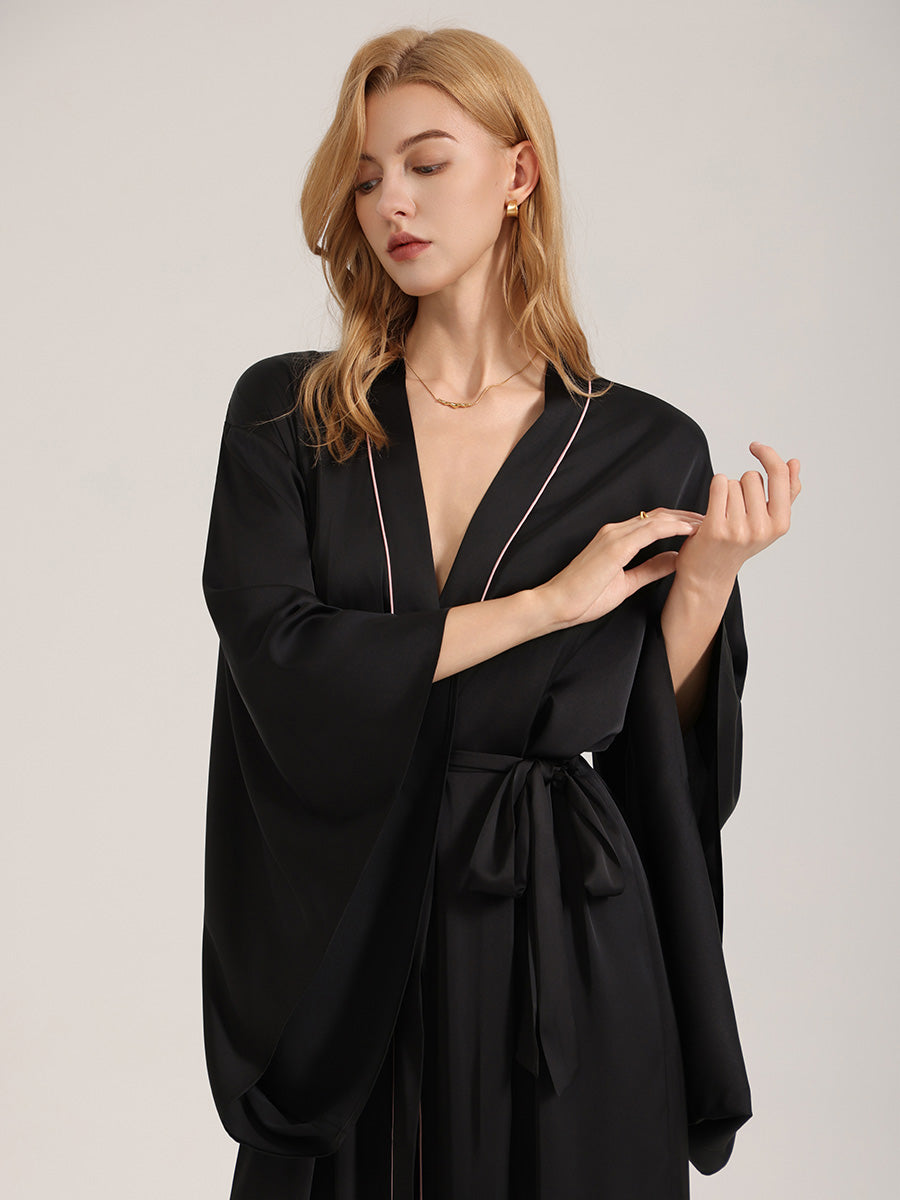Black Satin Robe with Pink Piping