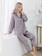 Long Sleeve Mulberry Silk Pajama Set with Contrast Piping