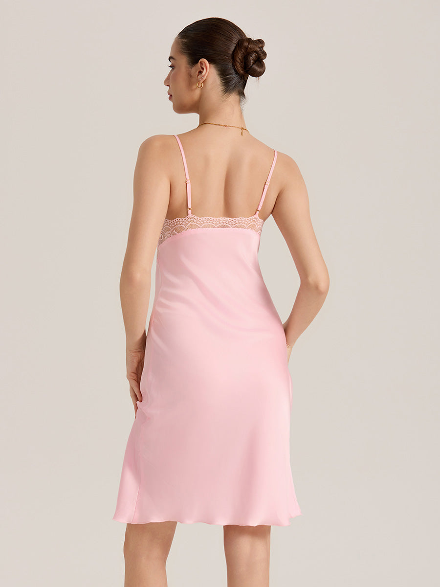 Pink Lace Waist Satin Midi Slip Dress