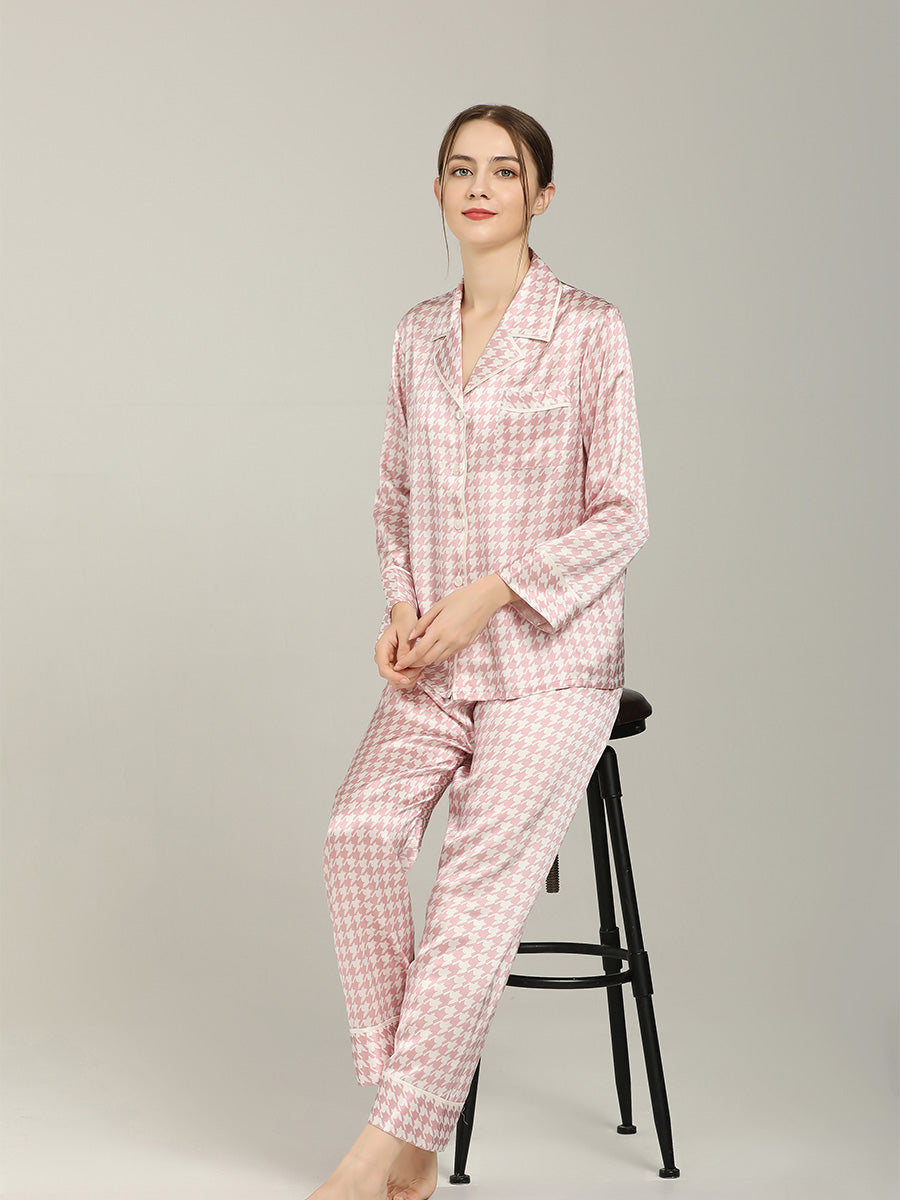 Long Sleeve Mulberry Silk Pajama Set with Houndstooth Print