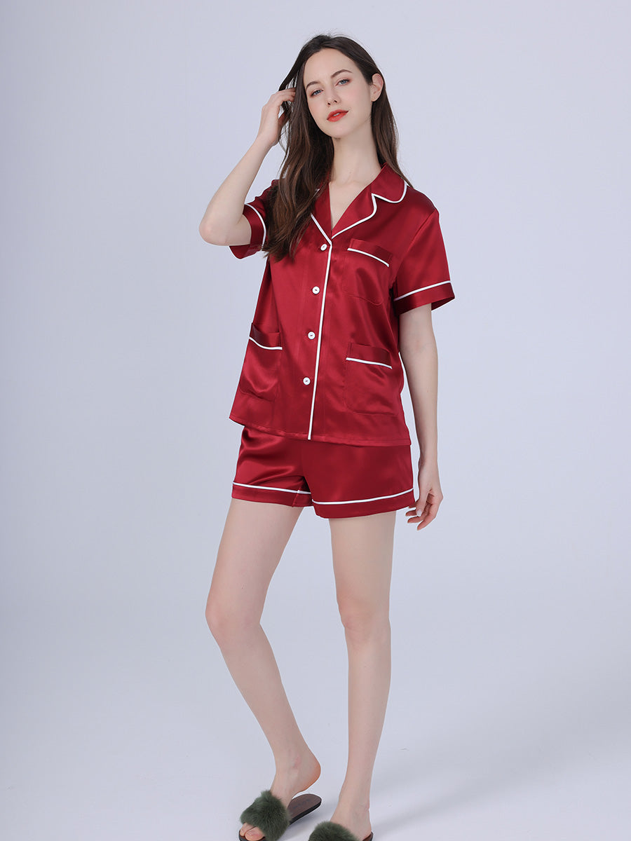 25 Momme Silk Short Sleeve Pajama Set with Contrast Piping