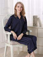 Long Sleeve Mulberry Silk Pajama Set with Contrast Piping