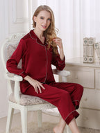 Long Sleeve Mulberry Silk Pajama Set with Contrast Piping