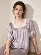 100% Mulberry Silk Lace Square Neck Short Sleeve Midi Nightgown